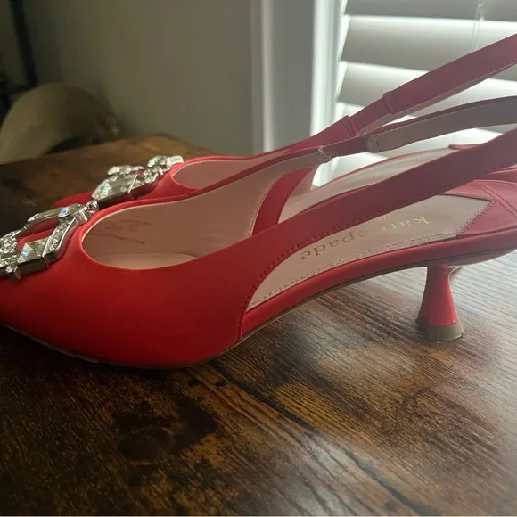 Kate Spade Renata Red Kitten Heels with Crystal Accents - Picture 8 of 12